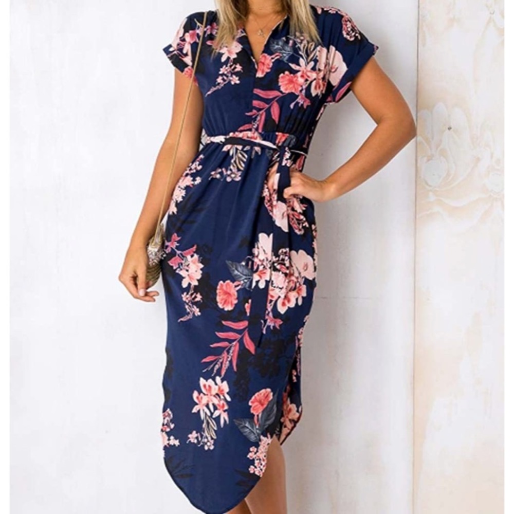ECOWISH - Casual Floral Print Belted Dress -XLarge